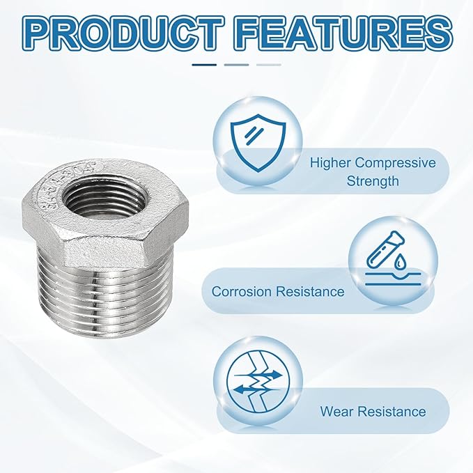 PATIKIL 304 Stainless Steel Reducer Hex Bushing 2 Pcs, 3/4" BSPT Male to 3/8" BSPT Female Pipe Reducing Adapter Fitting Connector for Water Gas Hydraulic Pipes Shower Hose, Silver