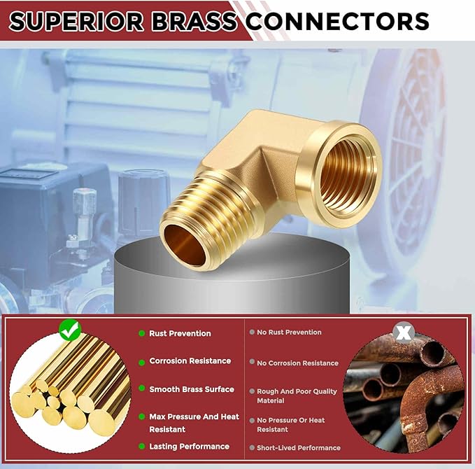 Pack of 2, 90° 1/4" FNPT to 1/4" MNPT Solid Brass Barstock Street Elbow W/Sealing Tape, Forged Pipe Fitting for Pipe Leak Repair, Bathroom Remodeling, Tool Extension, Compression