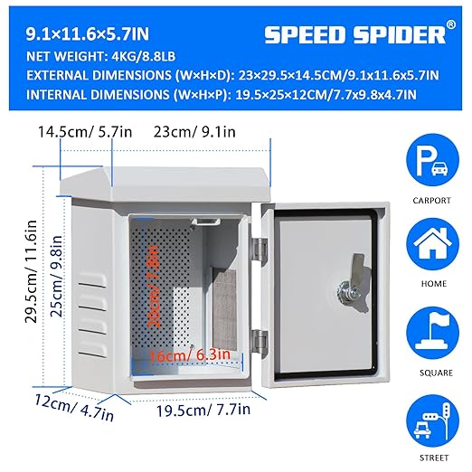 Outdoor Electrical Enclosure Weatherproof Box - 9.1 * 11.6 * 5.7" Galvanized Plate Electrical Enclosure,with Removable Mounting Plate and Muffin Fan Vent(23 * 29.5 * 14.5cm)