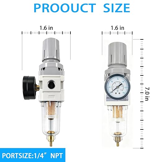XingNEeng 1/4" NPT Compressed Air Filter Regulator Lubricator Combo, Water/Oil Trap Separator, Gauge(0-150 psi), Semi-Auto Drain, Poly Bowl, 5 Micron Brass Element, Bracket, for Pneumatic Systems