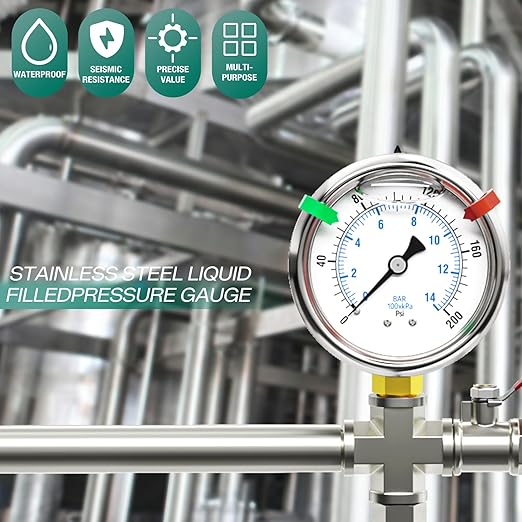 0-200psi Stainless Steel 1/4" NPT 2.5" Dial, Glycerin Liquid Filled Pressure Gauge Lower Mount Designed for Pressure Testing of Water, Oil and Air (with Range Mark Pointer)