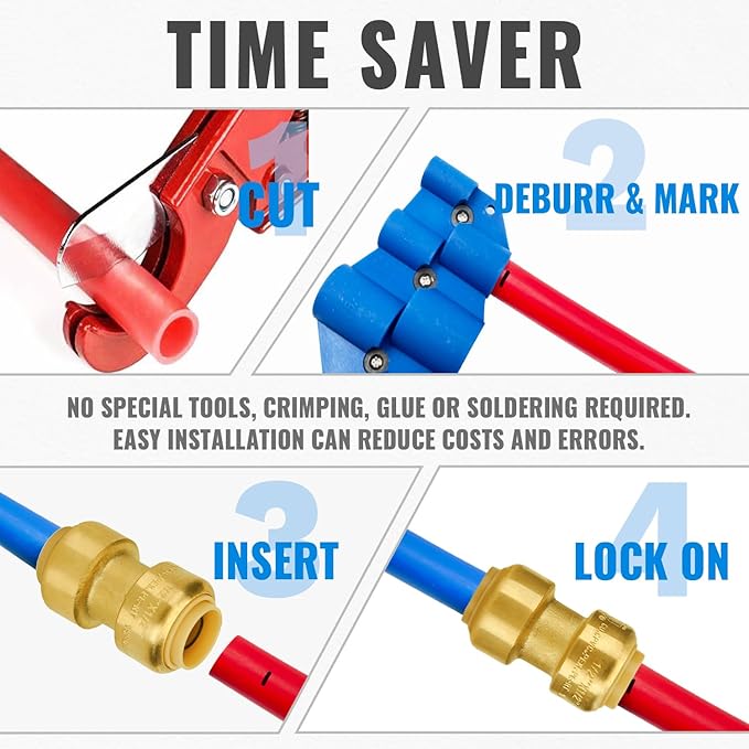 SUNGATOR Pushfit 1/2 Inch Coupling, Push Plumbing Fitting 1/2 Inch, No Lead Brass Push to Connect Pex Pipe, Copper, CPVC, with 1 Disconnect Clip, Pack of 4