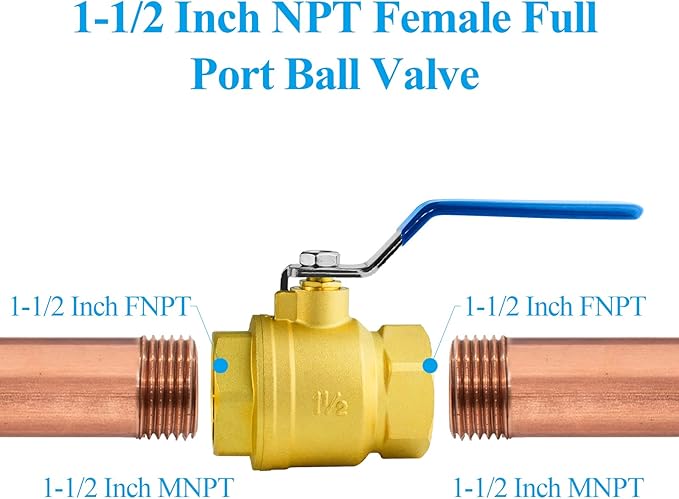 WiseWater 1.5" Full Port Brass Ball Valve - 1-1/2 Inch Female Threaded NPT With 1/4 Turn Blue Handle, 600 WOG, Plumbing Fitting, UPC Certified, 1 Pc