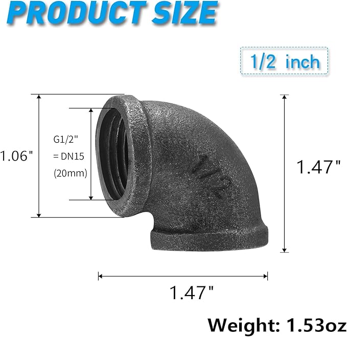 1/2" Threaded Elbow, DN15 Threaded Cast Black Malleable Iron for Steampunk Vintage Shelf Bracket DIY Plumbing Pipe Decor Furniture (30, 1/2")