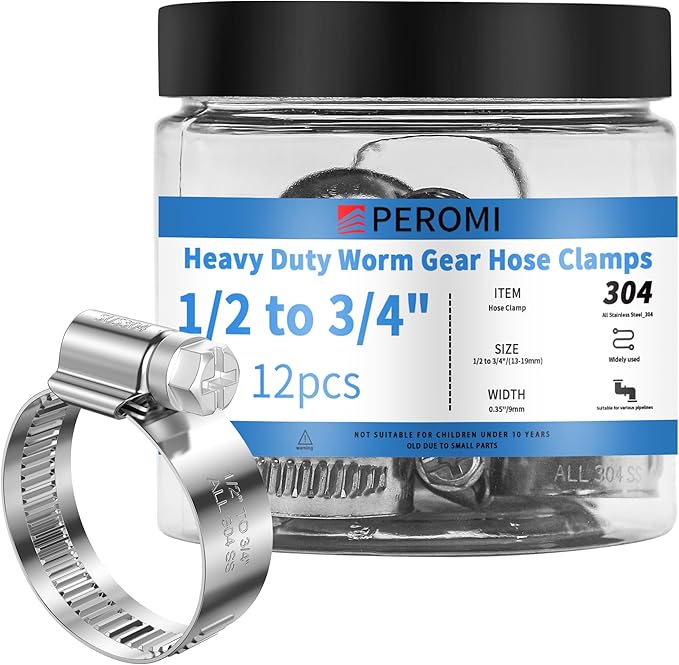 12PCS Heavy Duty Hose Clamps Stainless Steel 304,1/2" Hose Clamp to 3/4" Hose Clamp (13-19mm) Adjustable Worm Gear Drive Hose Clamps, Reusable Pipe Clamp for Automotive and Industrial Use