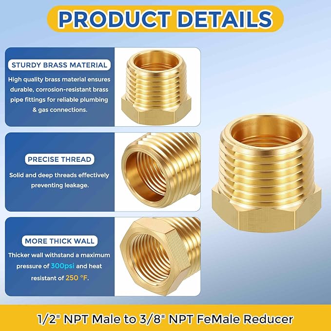 5 Pack Brass Pipe Fittings, 1/2" NPT Male to 3/8" NPT FeMale Brass Hex Bushing Reducer, Hose Tube Threaded Adapter for Air, Oil, LP