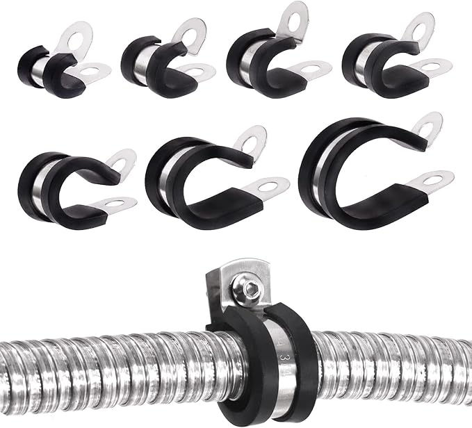 Glarks 26Pcs 5/16'' 304 Stainless Steel Cable Clamps, Rubber Cushioned Insulated Clamps Hose Clamps Loop Clamps Pipe Clamps Metal Clamps Set for Tube, Pipe or Wire Cord Installation