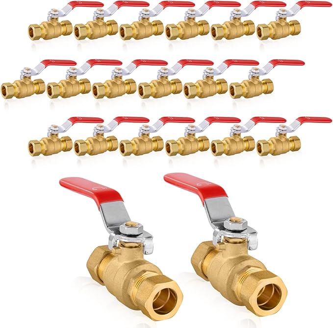 20 PCs HeSun Compression Ball Valve, 1/2'' Compression Brass Full Port Shut-off Valve, 600 WOG (Water, Oil and Gas), Red(VALVE114-20)