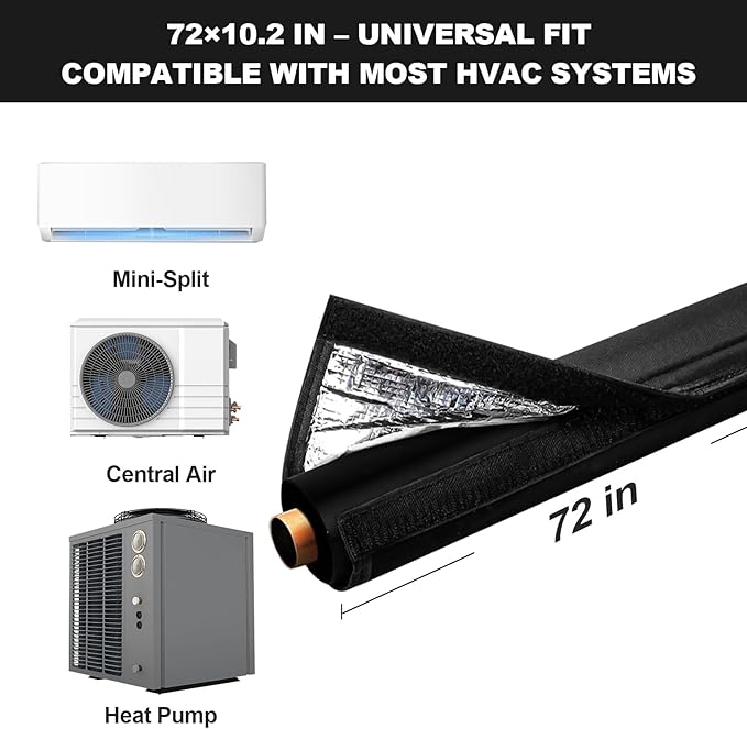 3 Layers HVAC Copper Pipe Insulation Cover Protector Outdoor 600D Oxford AC Copper Line Insulation Sleeve Wrap for Outside 72x10.2In with 10 Cable Ties for Central Air Conditioning Mini Splits