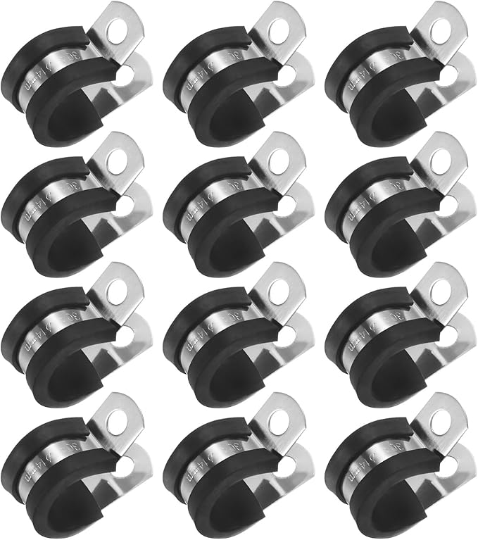 12-Pack Cable Clamps, 9/16 inch/ 14 mm 304 Stainless Steel Rubber Cushioned Insulated Cable Clamp R Shape Metal Holder for Tube/Wire/Pipe/Loop Installation