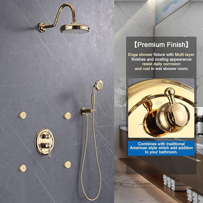 Enga Antique Shower Faucet Sets 8 inch Rainfall Head with Body Jets Handheld Spray Fixtures Combo, Brass 3 Way Diverter Rough in Valve Trim Kit, Bright Gold