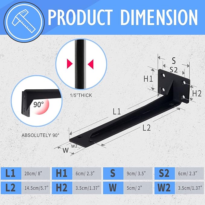 CLT Shelf Bracket( Black) , 8” Quarter Inch (1/5") Thick- Max Load: 220 lb Rustic Industrial Modern Farmhouse Heavy Duty Corner Brace Joint Right Angle Bracket for DIY Table Bench, Pack of 6