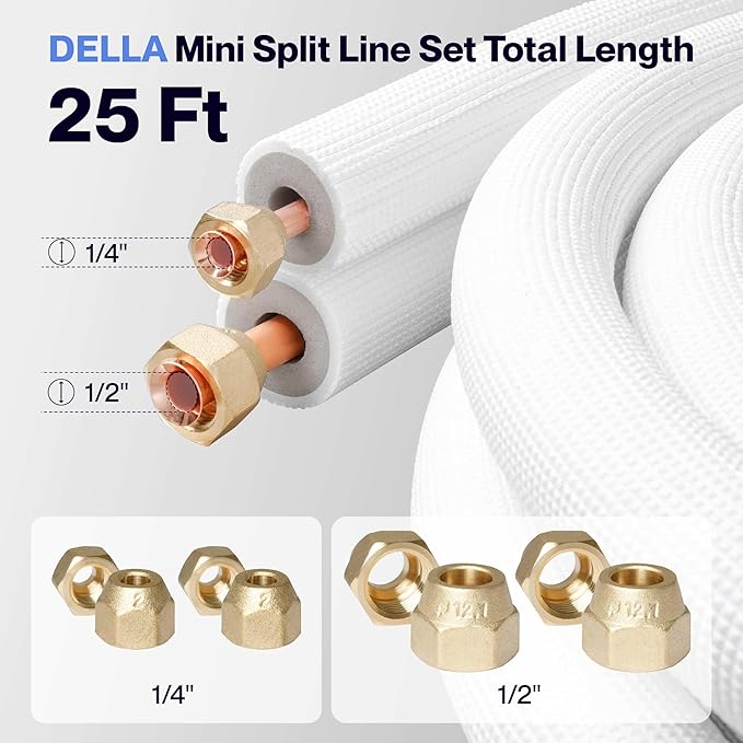 DELLA 25 Ft Mini Split Line Set, Includes 1/4" & 1/2" O.D. copper pipes with flared nuts and a 3/8" thick white PE insulated coil. Perfect for mini split ACs and other HVAC systems
