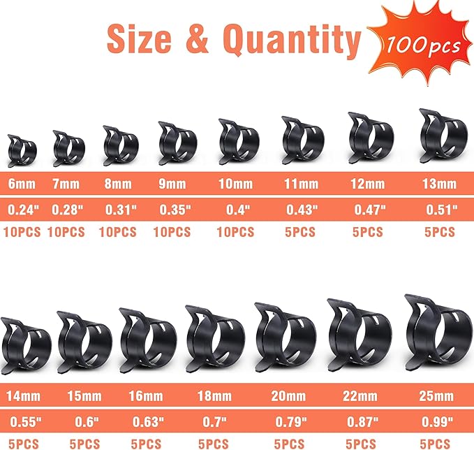 AKIHISA 100Pcs 6-25mm Spring Band Hose Clamp Assortment Kit with Hose Clamp Pliers, 15 Sizes Spring Hose Clip Fuel Line Silicone Vacuum Hose Pipe Clamp, Air Hose Tube Water Pipe Fasteners