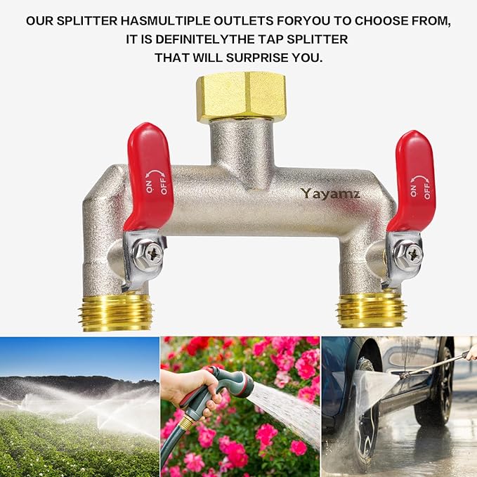 2 Way Garden Hose Splitter, Heavy Duty Brass Nickel Plated Rust Resistant Faucet Manifold, 3/4" Frost Resistant Outdoor Hose Adapter Connector，Hose Spigot Adapter with 2 large red handles