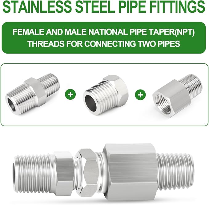 TAISHER 2PCS 304 Stainless Steel New Reducer Hex Bushing, 3/8" NPT Male x 1/4" NPT Female, Reducing Pipe Adapter Fitting
