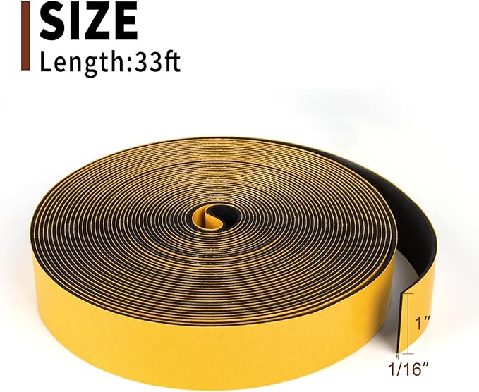 Yotache Neoprene Rubber Foam Tape 1 Inch Wide x 1/16 Inch Thick (New Adhesive Craft), High Density Close Cell Foam Strips Gasket for Door Insulation, 33 Ft Length