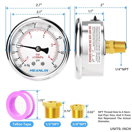 MEANLIN MEASURE -30inHG~60Psi Stainless Steel 1/4" NPT 2.5" FACE DIAL Vacuum Pressure Gauge, Center Back Mount, 1/2" NPT and 3/8" NPT Hex Bushing