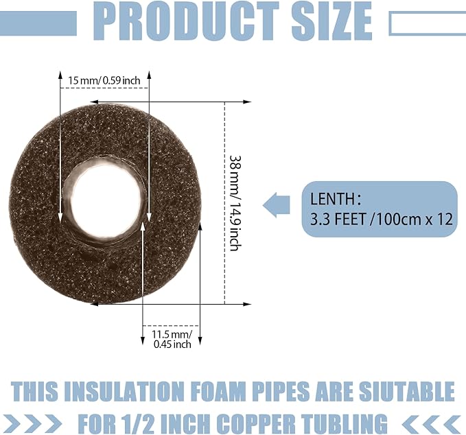 Amylove 12 Pcs 3.3 Feet Foam Pipe Insulation Foam Tube Insulating Water Pipe Pool Swim Noodles Pre Slit Heat Preservation Pipes Covers for Tubing Outdoor Winter Freeze Protection(Brown,1/2 Inch)
