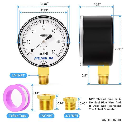 MEANLIN MEASURE 0-60 in H2O Diaphragm Type Capsule Low Pressure Gauge 1/4" NPT 2-1/4" FACE DIAL Adjustable Water Column Gauge, with 1/4" x 1/2" NPT and 1/4" x 3/8" NPT Hex Bushing, Lower Mount