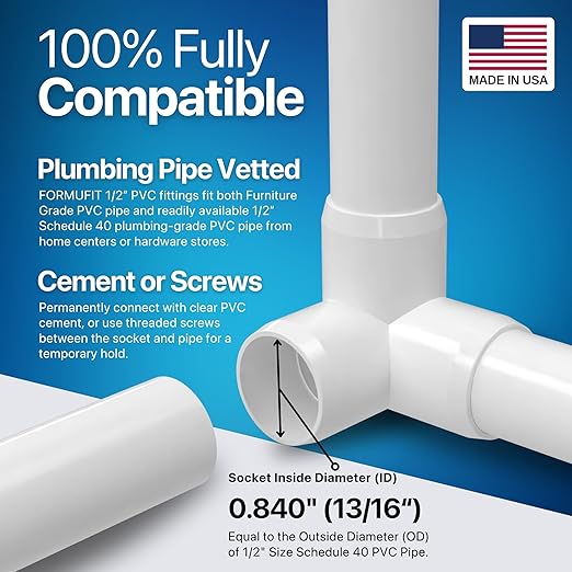 FORMUFIT 1/2” 3-Way Elbow Furniture Grade PVC Fitting in White, Made in USA, UV-Resistant, Impact-Proof, 0.840” Actual Socket Diameter (Pack of 10)