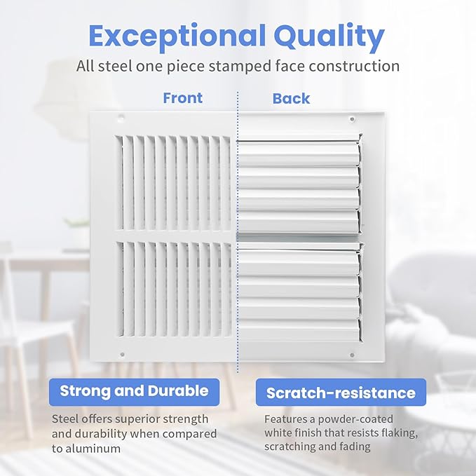 12 x 10 Inch [Duct Opening] Air Vent Covers for Wall or Ceiling - High Airflow 2 Way Steel Ventilation - Adjustable Wall/Ceiling Register, 13-3/4 Inch x 11-3/4 Inch [Overall Dimensions]