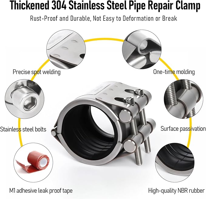 Kodilin Upgraded Pipe Repair Clamp with M1 Self-Adhesive Leak-Sealing Tape | 304 Stainless Steel Rust-Proof Emergency Pipe Repair Kit for Plastic & Metal Pipes, 3/4"(25-28mm)