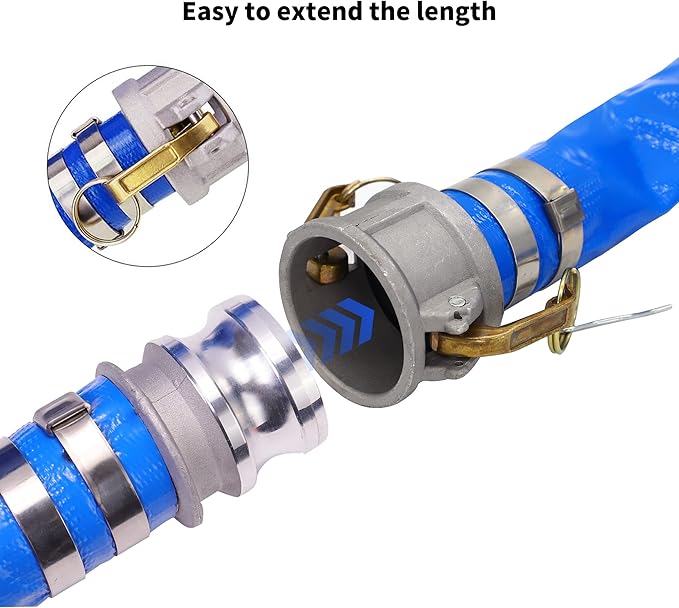 2" x 100ft PVC Lay Flat Discharge Hose With Aluminum Camlock C & E Fittings, Cam Lock Fitting Type F included, Heavy Duty Reinforced Pump Backwash Hose Assembly