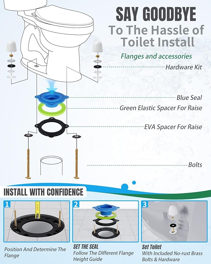 Elastic Wax Ring Kit for Toilet Installation - Reusable Toilet Seal Ring with Blue Seal, EVA Spacer, Full Hardware - Fits 3"/4" Drain & Floor Flange Repair