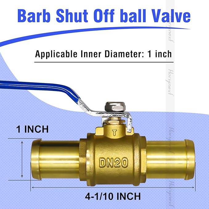 1 inch brass mini shut off ball barb valve for water fuel hose gas line rv air tubing, straight inlet manifold petcock (2 pcS with clamps kit)