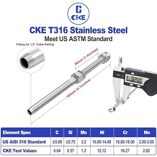 CKE 60 Pack Cable Railing Kit Hand Swage Threaded Stud Tensioner for 1/8" Cable for 2x2 Wood/Metal Post Deck Stair Cable Railing Hardware Terminal, T316 Stainless Steel Cable Railing Tensioner CR06