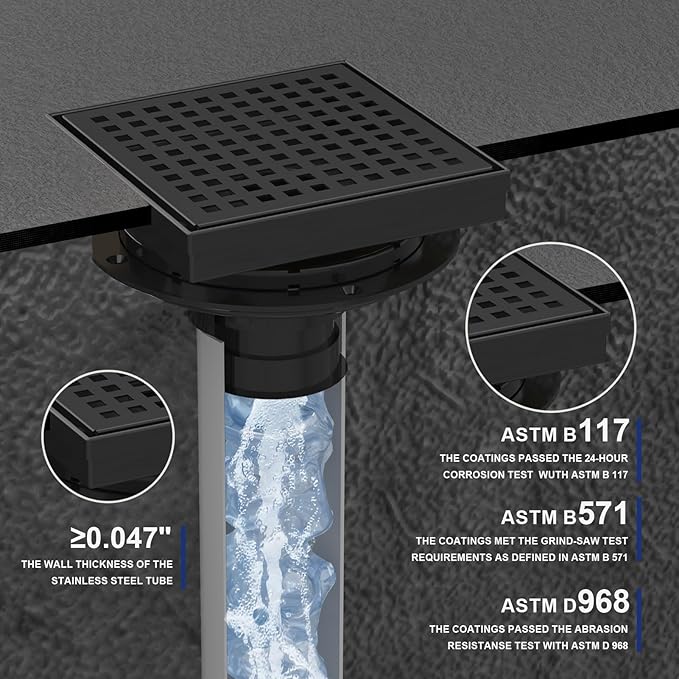 Square Shower Drain | 6 Inch AISI 304 Stainless Steel Shower Drain Kit with ABS Flange, Hair Strainer, Matte Black Shower Floor Drain with Removable Grid Cover, in Bathroom, Kitchen, Balcony etc.