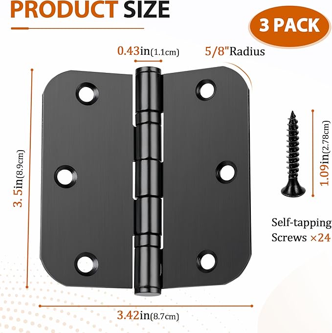 3.5 Inch Ball Bearing Door Hinges, 3-Pack Matte Black Heavy Duty Stainless Steel, 5/8" Radius Corner, Non-Removable Pin for Smooth Quiet Operation - Commercial Grade for Interior/Exterior Doors