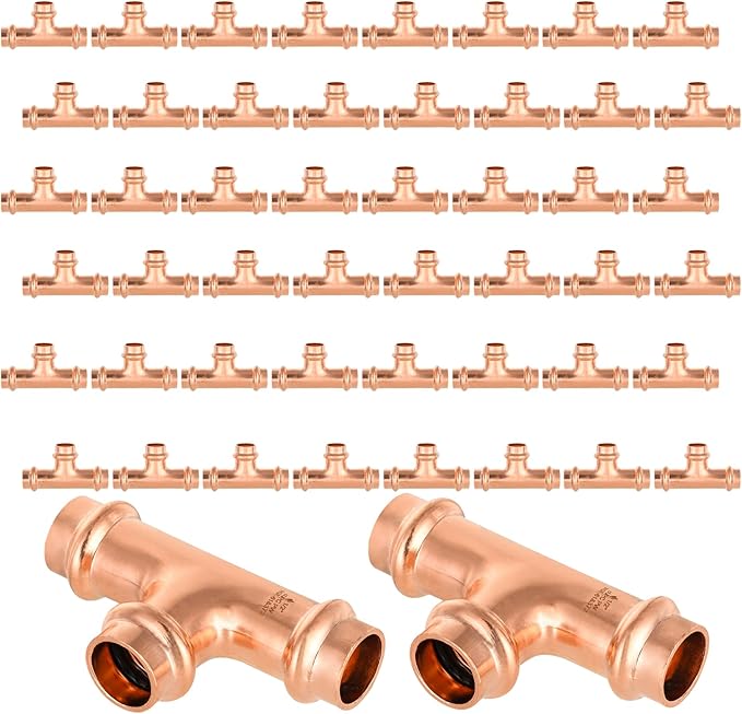 50-Pack GUOFIS Copper Press Tee,1/2" x 1/2"x 1/2" Tee Fittings for Copper Tube Connection with Stop(PRESS009-50Pack)