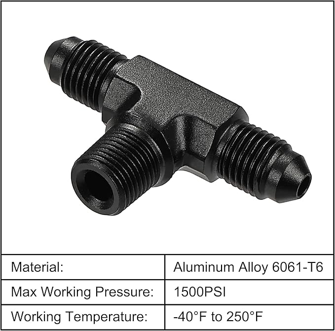 EVIL ENERGY 3AN Tee Male Flare to 1/8 NPT on Side Branch T Fitting Adapter Aluminum Black