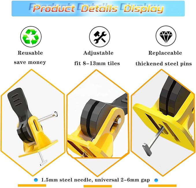 Tile Leveling System Kit Reusable 100pcs Tile Leveler+400pcs 1/8'' Cross-Shaped Tile Spacers+100pcs Replaceable Steel T-Pin Upgrade Adjustable Tile Tools Spacers Shims Floor Leveling 1/16in