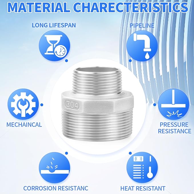 ChillWaves 304 Stainless Steel Pipe Fitting, Reducer Hex Nipple 1-1/2" NPT Male x 1" NPT Male Thread Adapter(2-PACK)