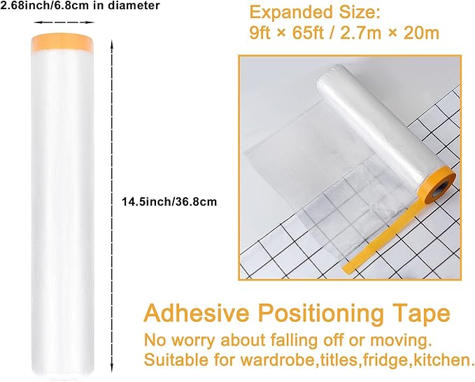 Muf 9 x 65 Feet Plastic Drop Cloth Plastic Sheeting with Masking Tape,Waterproof Protective Masking Film,Prevent Dust Paint for Car,Furniture,Carpet,Floor,1 Pack