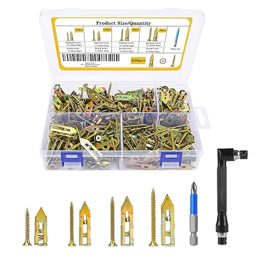 420pcs Self Drilling Drywall Anchors,Wall Anchors for Zinc Plated Steel,4 Sizes Expansion Screws and 2 Sizes forM6 & M8 Wall Anchors,Easy Application No Drill or Holes in Wall,Wall anchors for drywall