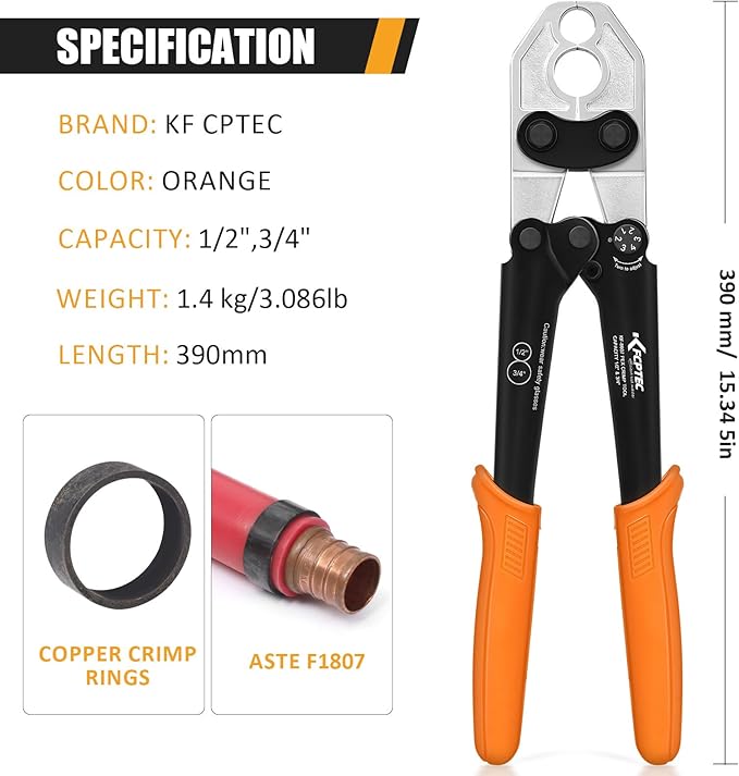 KF CPTEC 1/2'' & 3/4'' Combo PEX Crimping Tool for Copper Crimp Rings with Go/No-Go Gauge, Meets ASTM F1807 Standard, Durable Plumbing Tool