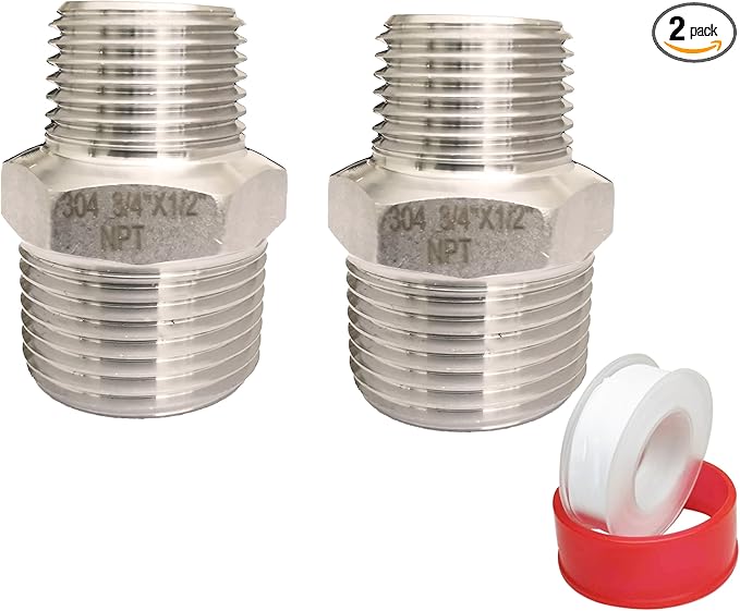 3/4" Male x 1/2" Male NPT Threaded Reducing Hex Nipple ，304 Stainless Steel Reducing Pipe Fitting Nipple Adapter With Teflon Plumbers Tape (Pack of 2)
