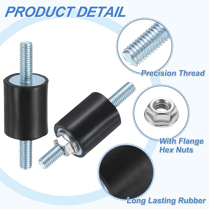 uxcell 4Pcs M6 x 18mm Rubber Mounts, 25 x 20mm Cylindrical Anti Vibration Isolator Studs Shock Absorber Double Studs with Nuts for Car Bobbin Generator Air Compressors