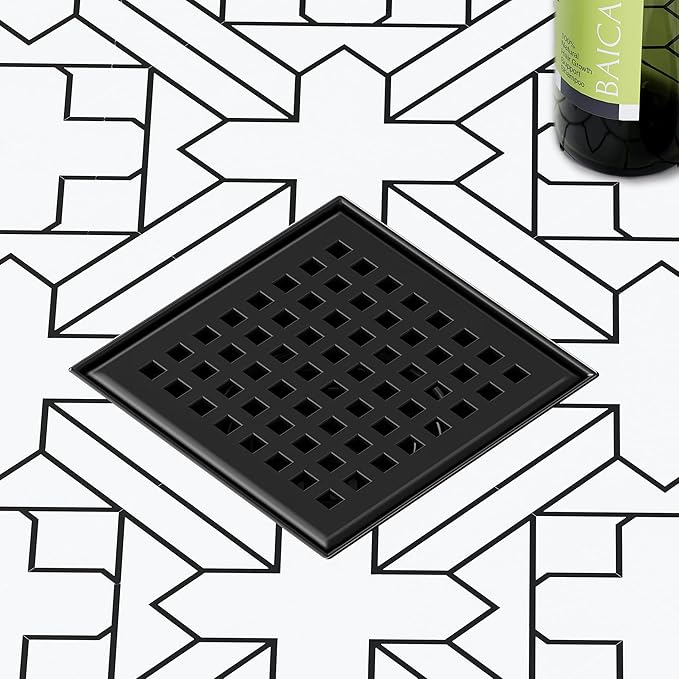 Neodrain 4 Inch Square Shower Drain with Removable Quadrato Pattern Grate, Matte Black 304 Stainless Steel Square Drain, with Watermark&CUPC Certified, Hair Strainer