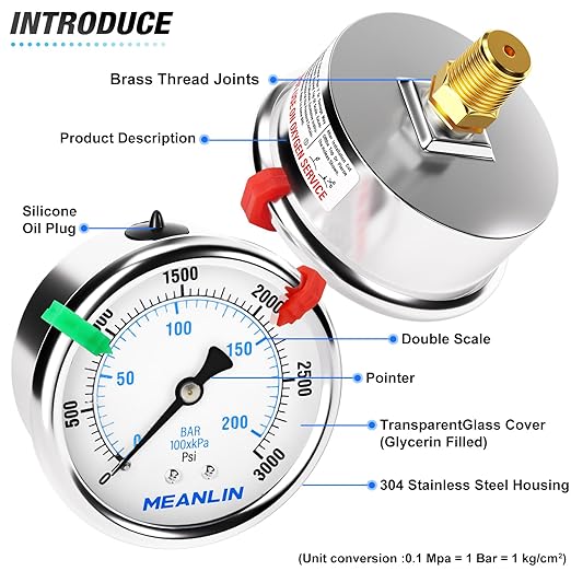 MEANLIN MEASURE 0~3000Psi Liquid Filled Pressure Gauge 1/4" NPT 2.5" FACE DIAL Stainless Steel Glycerin Filled WOG Water Oil Air Back Mount (with 2PCS Snaps)