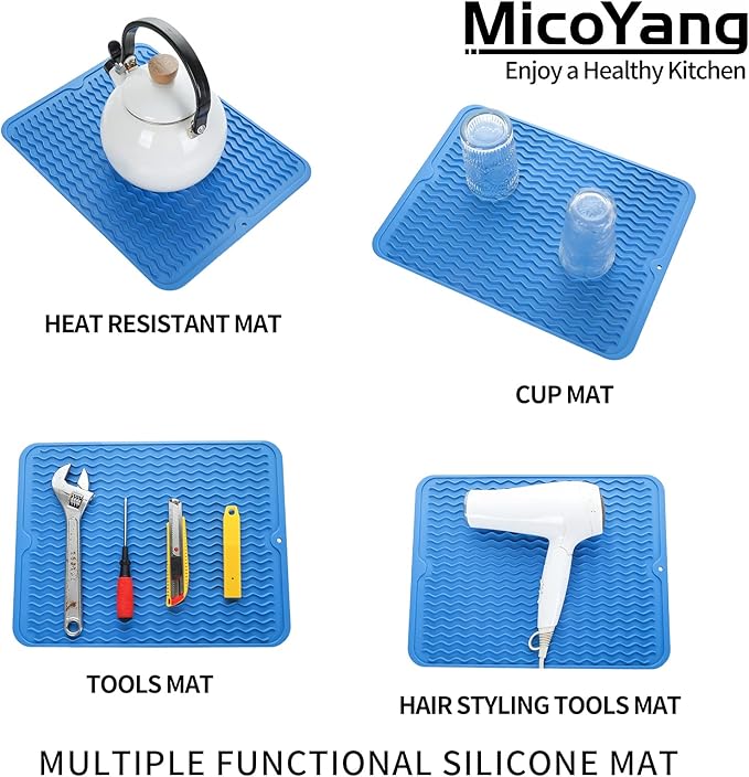Silicone Dish Drying Mat for Multiple Usage,Easy clean,Eco-friendly,Heat-resistant Silicone Mat for Kitchen Counter or Sink,Refrigerator or drawer liner Lichen BlueL L 16 inches x 12 inches