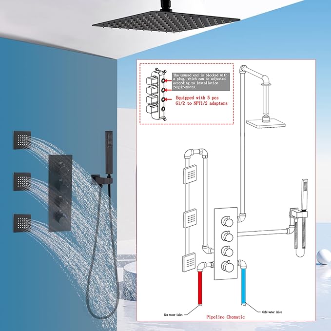 3 Outlets Shower Faucet Valve with Diverter - All Function Can Run Together, 3 Way Concealed Shower Control Valve Kit Mixer Mixing (Matte Black, 4 Handle)