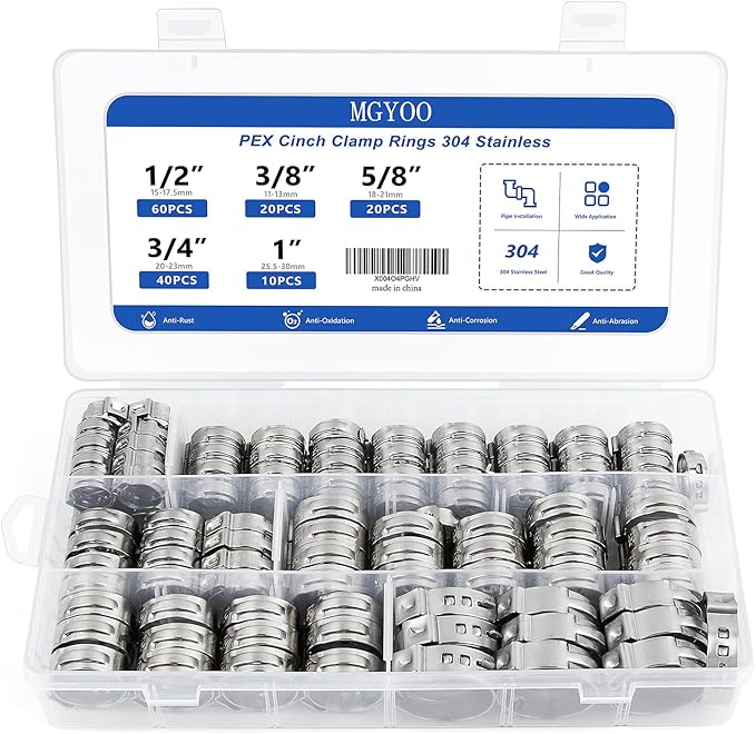 Pex Crimp Rings 150Pcs PEX Clamps 3/8" 1/2" 3/4" 5/8" 1" Single Ear Hose Clamps 304 Stainless Steel Pex Fittings Cinch Clamp Ring for PEX Pipe Tubing