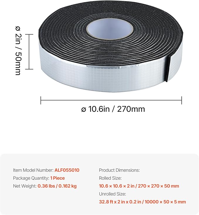 VEVOR Pipe Insulation Wrap, 32.8 FT x 2-inch Pipe Insulation Tape with Aluminum Foil Layer, Self-Adhesive Foam and Foil Pipes Wrap for Freeze Protection, Heat & Cold Resistant for Outdoor Indoor Use