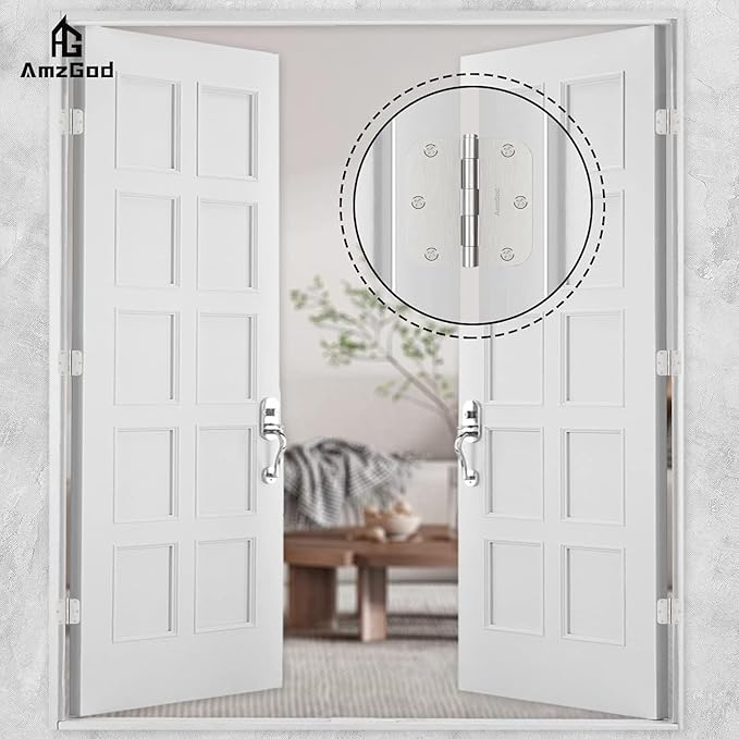 Door Hinges Brushed Nickel - 6 Pack Satin Nickel 3.5 Inch Rounded Interior Door Hinges with 5/8" Radius - 3 1/2 Inches Silver Residential Standard Door Hardware
