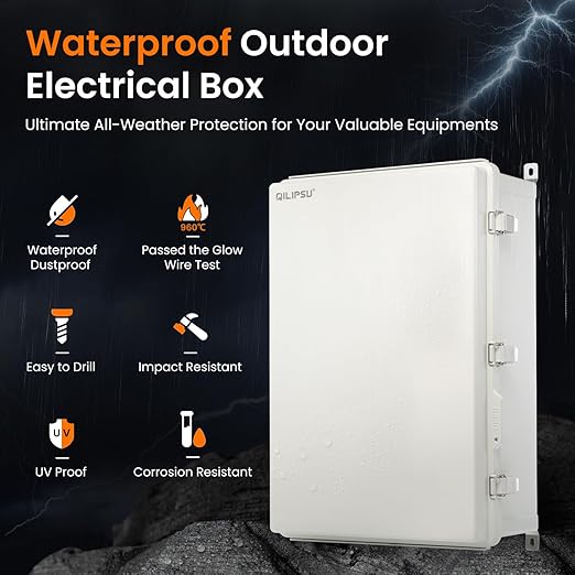 QILIPSU UL94-V0 Outdoor Electrical Box 24.2"x16.4"x9.1" Waterproof Junction Box Weatherproof PC/ABS Alloy Plastic IP66 Project Electric Enclosure Grey Hinged Door
